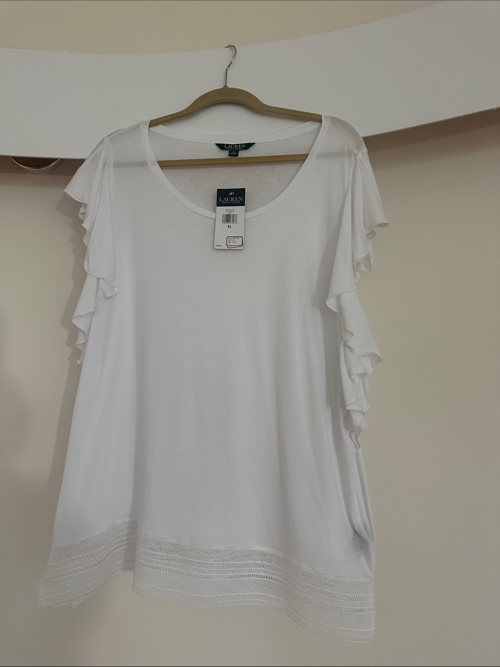 Lauren Ralph Lauren White Ruffle Sleeve Scoop Neck Top with Lace Hem
